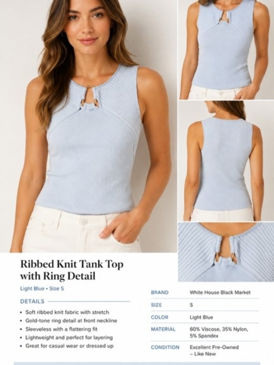 White House Black Market Tops - White House Black Market Light Blue Ribbed Keyhole Tank